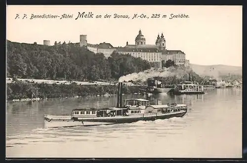 AK Melk, Raddampfer auf der Donau unterwegs mit Benedicter-Abtei