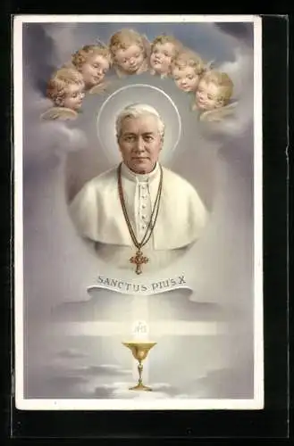 AK Sanctus Pius X., Portrait des Papstes mit kleinen Engelsköpfen