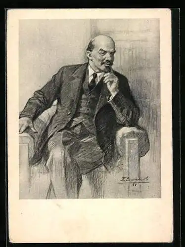 Künstler-AK Lenin sitzt schmunzelnd in einem Sessel