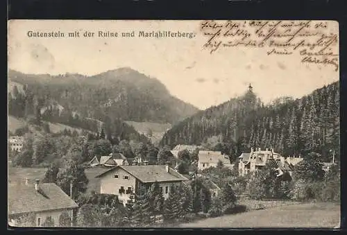 AK Gutenstein, Ortsansicht mit der Ruine und Mariahilferberg