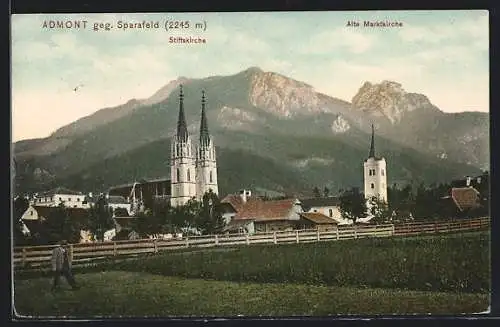 AK Admont, Alte Marktkirche und Stiftskirche gegen Sparafeld