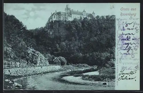 Mondschein-AK Rosenburg, Blick zum Schloss