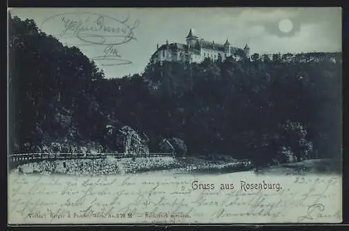 Mondschein-AK Rosenburg, Blick zum Schloss