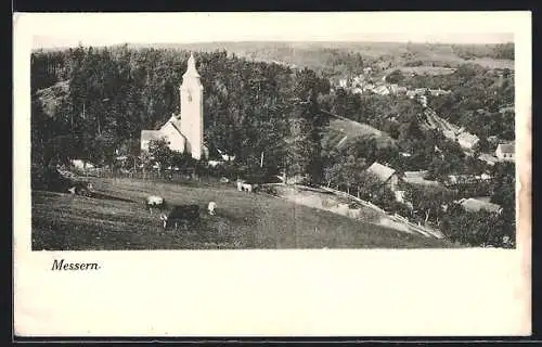 AK Messern, Rinder auf der Wiede mit Blick zur Kirche