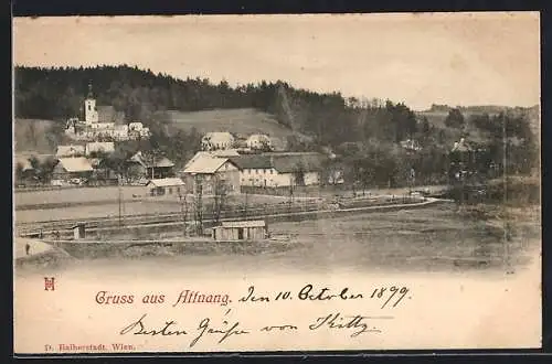 AK Attnang, Ortsansicht mit der Kirche am Berghang