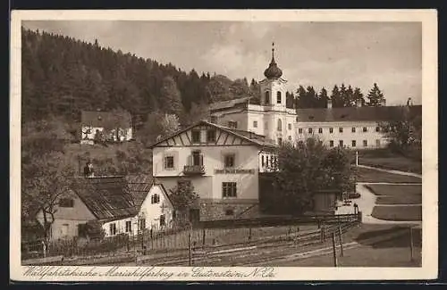 AK Gutenstein, Mariahilferberg, Ortsansicht mit Wallfahrtskirche und Gasthaus Josef Galler