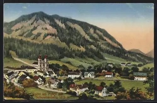 Künstler-AK Spital am Pyhrn, Teilansicht mit Kirche und Schwarzenberg