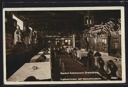 AK Dreistätten, Gasthof Scherrerwirt, Speisezimmer mit Heimatmuseum