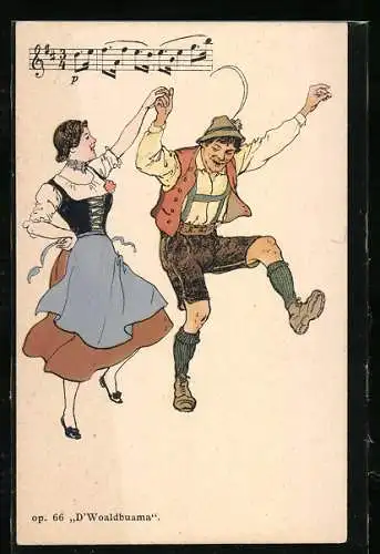Künstler-AK M. Munk Nr.: Mann und Frau tanzen und singen in Trachtenkleidung
