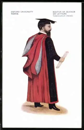 AK Oxford, University, Robes, Doctor of Science or Letters, Mann mit Doktorhut und rotem Umhang mit weitem Kragen