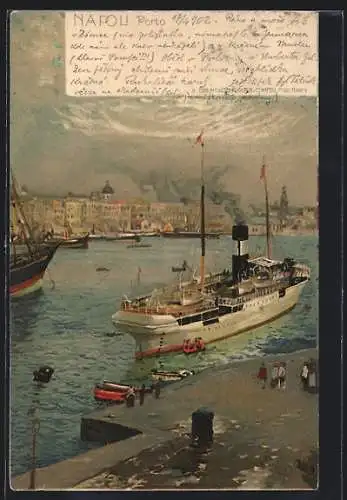 AK Neapel, Partie am Hafen, ablegendes Dampfschiff