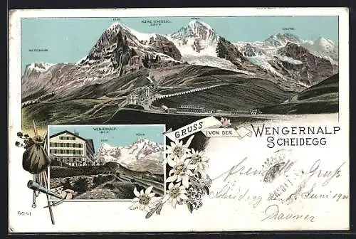 Lithographie Wengernalp-Scheidegg, Panorama mit Wetterhorn, Eiger u. Mönch, Ortspartie