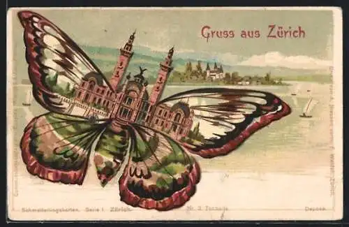 Lithographie Zürich, Tonhalle, Schmetterlingskarte Serie I. Nr. 3