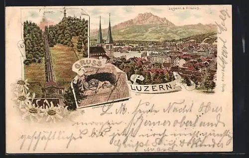 Lithographie Luzern, Stadtausblick und Bergbahn zum Gütsch