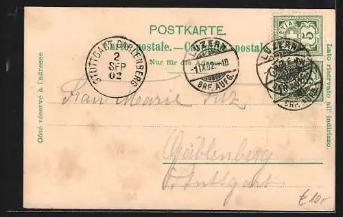 Lithographie Luzern, Stadtausblick und Bergbahn zum Gütsch