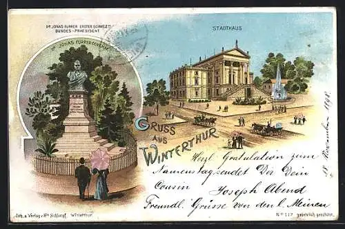 Lithographie Winterthur, Stadthaus, Dr. Jonas Furrer-Denkmal, Pferdekutschen