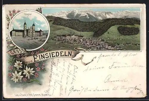 Lithographie Einsiedeln, Kloster, Ortsansicht mit Gebirge