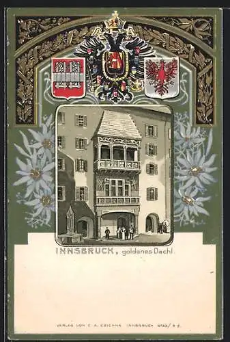 Lithographie Innsbruck, Goldenes Dachl, Stadtwappen
