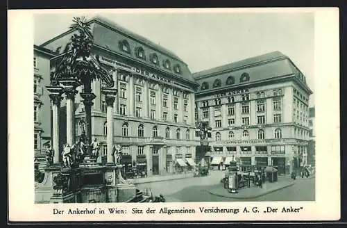 AK Wien, Der Ankerhof, Sitz der Allgemeinen Versicherungs AG Der Anker, Strassenansicht mit Litfasssäule