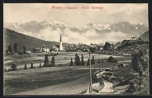 AK Mieders /Stubaital, Teilansicht mit Kirche, Haller Salzberge