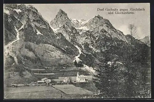 AK Gschnitz, Dorfansicht gegen Kirchdach und Glockenturm