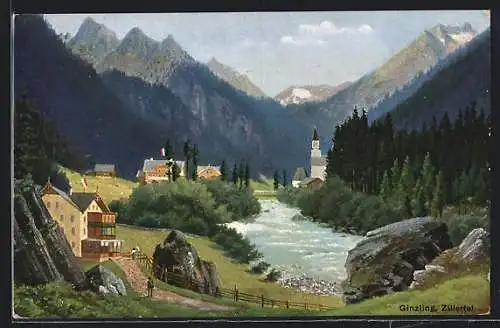 Künstler-AK Ginzling /Zillertal, Ortspartie mit Bergen