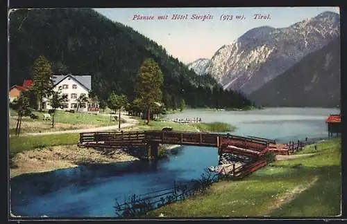 AK Plansee, Gebirgspanorama mit Hotel Seespitz und See