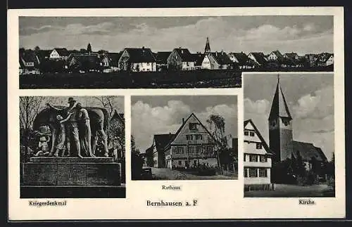 AK Bernhausen a. F., Gesamtansicht, Kriegerdenkmal, Rathaus und Kirche
