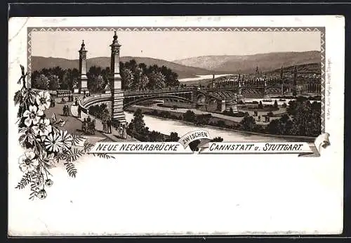 Vorläufer-Lithographie Stuttgart-Canstatt, 1893, Die Neue Neckarbrücke