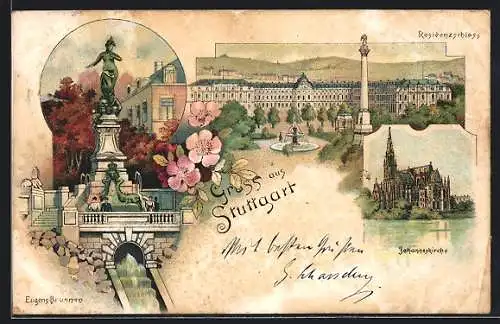 Lithographie Stuttgart, Der Eugensbrunnen, das Residenzschloss, die Johanneskirche