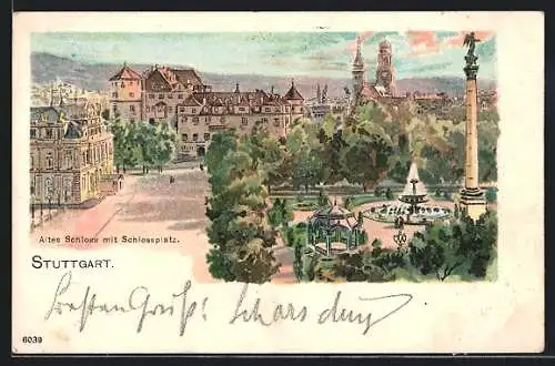 Lithographie Stuttgart, Altes Schloss mit Schossplatz