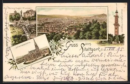 Vorläufer-Lithographie Stuttgart, 1895, Der Herzog Eugen-Brunnen, die Johanneskirche, der Aussichtsthurm Degerloch