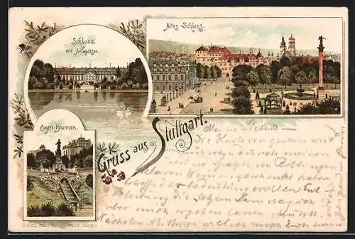 Vorläufer-Lithographie Stuttgart, 1894, Der Eugen-Brunnen, das Schloss mit Anlagensee, das alte Schloss