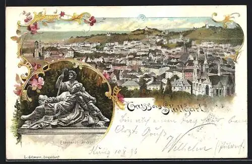 Lithographie Stuttgart, Totalansicht der Stadt, die Eberhards-Gruppe