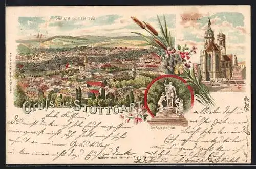 Lithographie Stuttgart, Gesamtansicht mit Hasenberg, Der Raub des Hylas, Stiftskirche