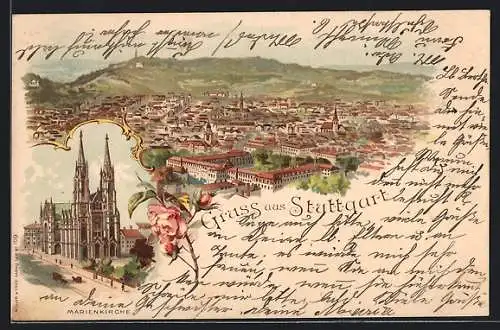 Lithographie Stuttgart, Gesamtansicht und die Marienkirche