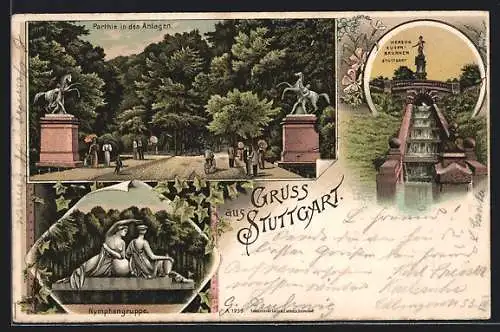 Lithographie Stuttgart, Nymphengruppe, Herzog Eugen Brunnen, Partie in den Anlagen