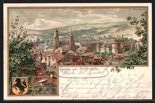 Künstler-AK Stuttgart, Stadtansicht, Wappen