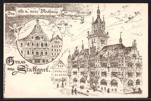 Lithographie Stuttgart, Das alte und neue Rathaus