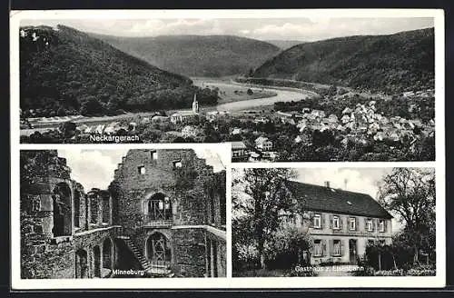 AK Neckargerach, Gasthaus zur Eisenbahn, Minneburg, Ortsansicht