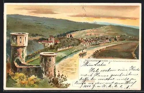 Lithographie Neckarsteinach, Ortsansicht vom Schwalbennest aus gesehen, mit Ruine