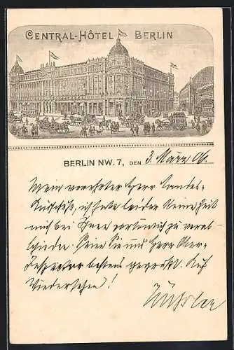 Lithographie Berlin, Central-Hotel neben dem Bahnhof Friedrichstrasse