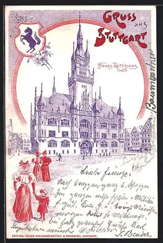 Lithographie Stuttgart, Neues Rathaus in der Strassenansicht