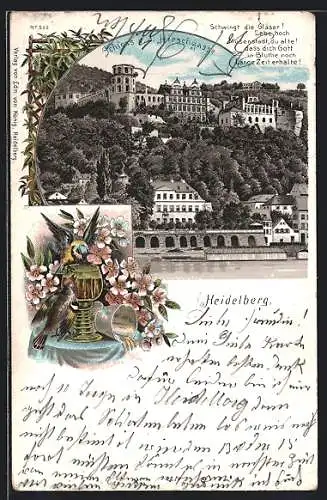 Lithographie Heidelberg, Schloss v. d. Hirschgasse, Vögel am Kelch
