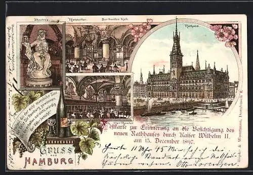 Lithographie Hamburg, Ratskeller, Gasthaus zur bunten Kuh, Besichtigung des neuen Rathauses durch Kaiser Wilhelm II.
