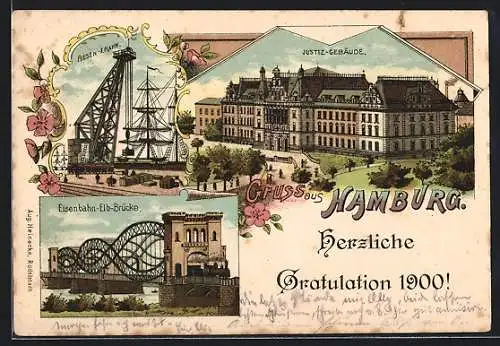 Lithographie Hamburg-Neustadt, Riesen-Krahn, Eisenbahn-Elbbrücke, Justizgebäude