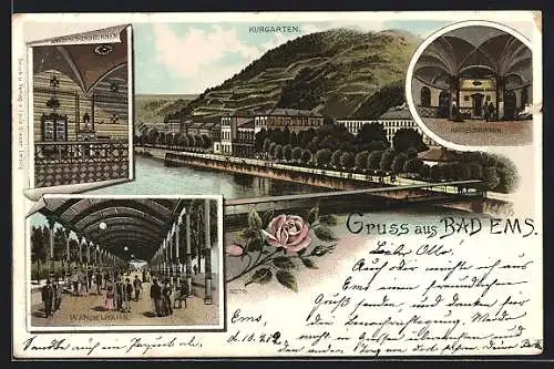 Lithographie Bad Ems, Kraehnchenbrunnen, Kesselbrunnen, Wandelbahn