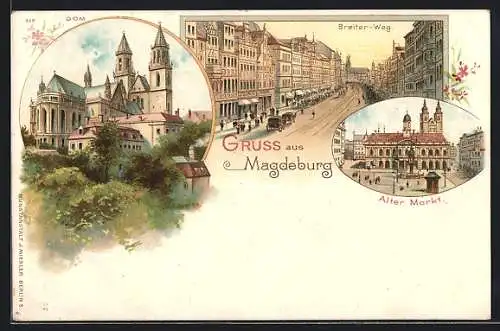 Lithographie Magdeburg, Breiter-Weg, Alter Markt, Dom
