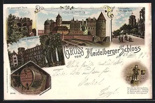 Lithographie Heidelberg, Schloss v. d. Zerstörung, Schlossaltan und achteckiger Turm, grosses Fass