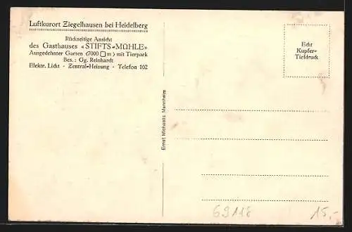 AK Ziegelhausen, Gasthaus Stifts-Mühle vom Garten aus, Bes. G. Rheinhardt